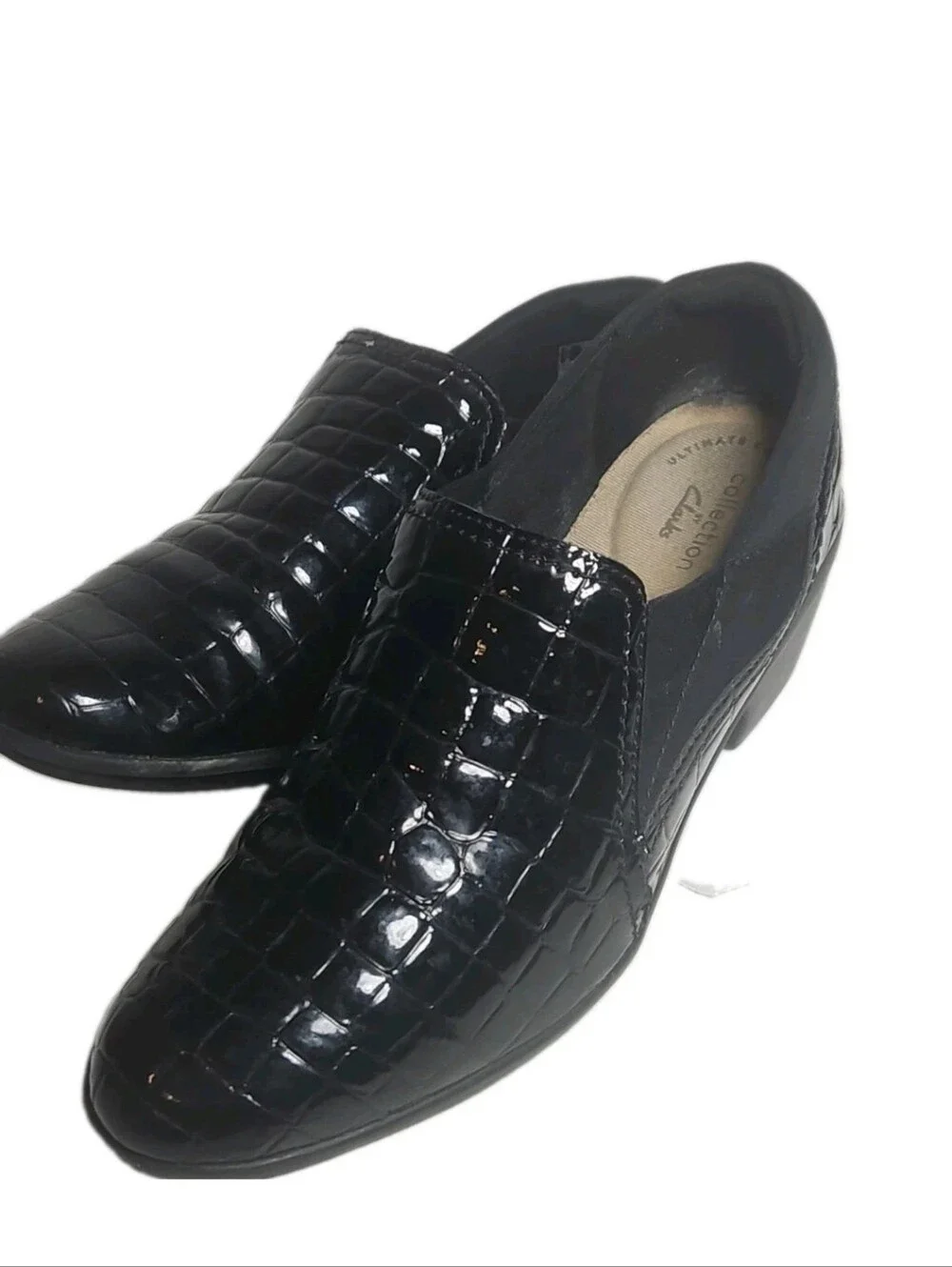 Clarks Women Size 8 M Black Croc Patent Leather Wedge SlipOn Loafer May Poppy[8A